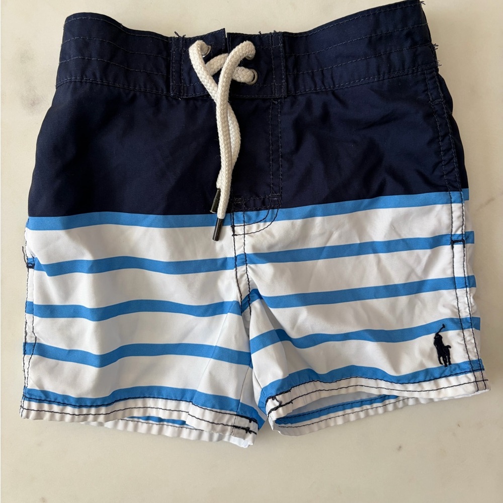 Ralph Lauren Navy, White & Light Blue Striped Boys Swim Shorts